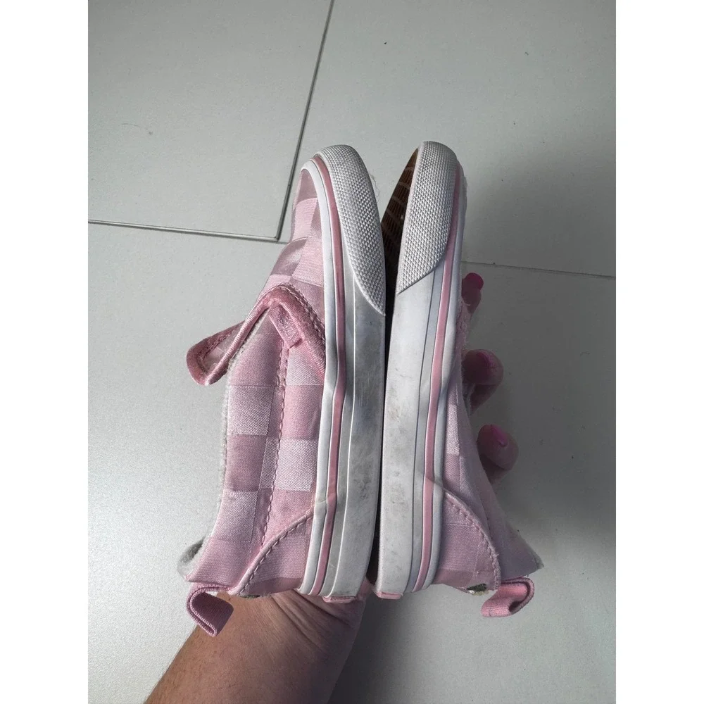 Vans Checkerboard Satin Slip On‎ Shoes Kids 8 Pink Rose Embroidery Hook Loop